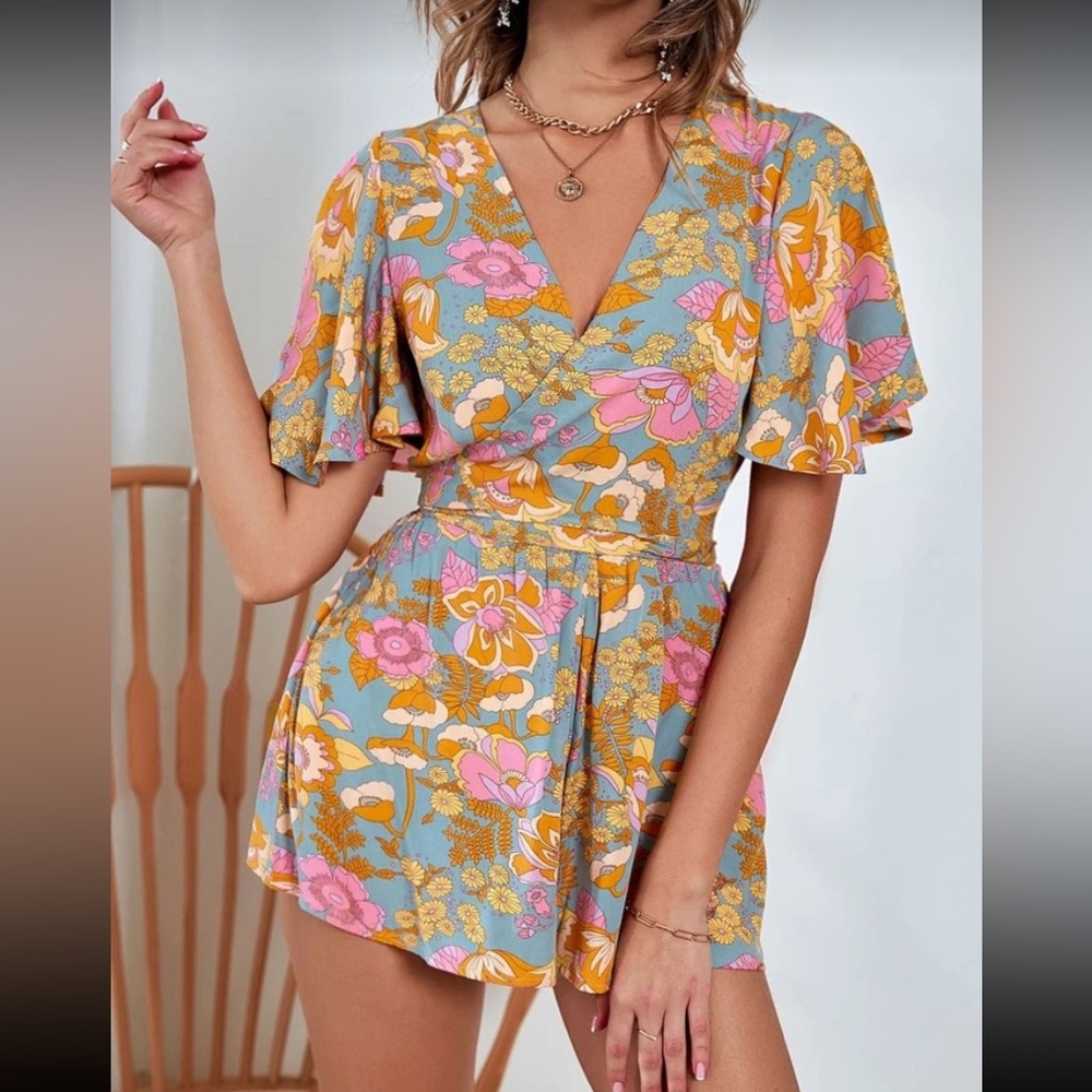 Floral Wrap Romper with Short Sleeves